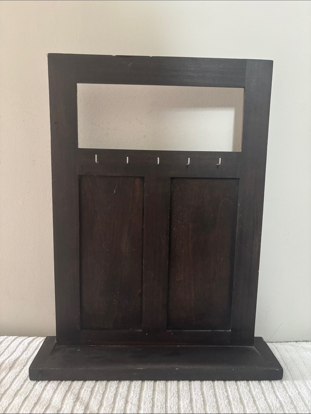 Dark Brown Wooden Wall Organizer with Hooks display for a tabletop or wall